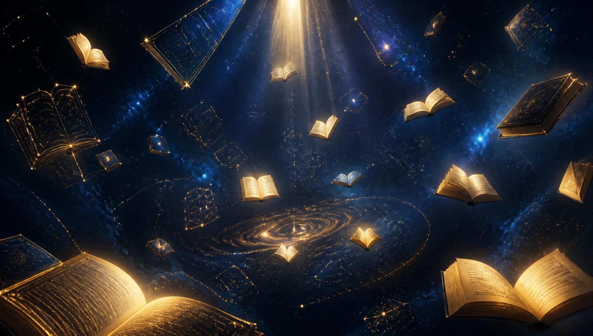 Univers de livres lumineux flottant dans un ciel étoilé